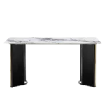 Modern minimalist rectangular dining table, white imitation marble tabletop, MDF table legs with gold metal decorative strips. Suitable for restaurant and living room F-HH
