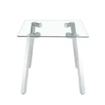 A modern minimalist rectangular glass dining table with tempered glass tabletop and silver metal legs, suitable for kitchens, restaurants, and living rooms,63"*35.4"*30"