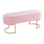 Modern Pink Velvet Pleated Bench in Gold Steel Frame Ideal From Living Room Bedroom.