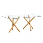 Large Modern Minimalist Rectangular Glass Dining Table with Tempered Glass Tabletop and Wood Color Metal Legs for Kitchen, Dining, Living, Meeting Room and Banquet hall