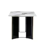 Modern minimalist rectangular dining table with white imitation marble tabletop and MDF table legs having gold metal decorative strips