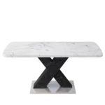 Modern White Dining Table With Marble Top+MDF And Black X-Shape Table Leg with Metal Base For Dining Room