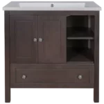 32 in. Bath Vanity in Brown Ceramic Top with Sink and Storage Cabinet