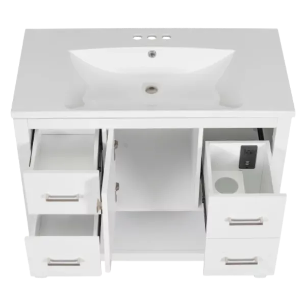 36" White Modern Bathroom Vanity with USB Port,2-Shallow Drawers, 1-Deep Drawer,1-Cabinet Door, and Single Resin Sink