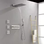Wall Mounted Brushed Nickel Waterfall Rain Shower System With 3 Body Sprays & Handheld Shower