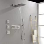 Wall Mounted Brushed Nickel Waterfall Rain Shower System With 3 Body Sprays & Handheld Shower