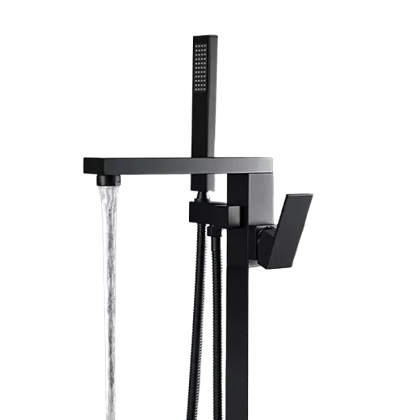 Single Handle Floor Mounted Freestanding Tub Filler with Hand-Shower and Black Finish