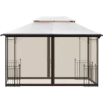 Iron Patio Outdoor Gazebo, Double Roof Soft Canopy Garden Backyard Gazebo in Khaki Color