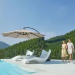 11Ft. Deluxe Patio Umbrella with Base Included, Outdoor Large Hanging Cantilever Curvy Umbrella in Beige Color