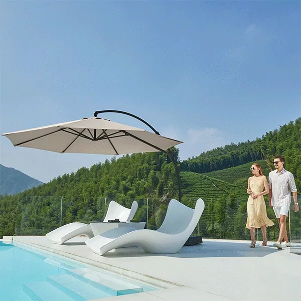 11Ft. Deluxe Patio Umbrella with Base Included, Outdoor Large Hanging Cantilever Curvy Umbrella in Beige Color