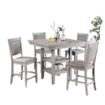Modern Natural 5pc Dining Set Square Table With Shelves And 4 Wooden Upholstery Cushion Chairs For Dining Room