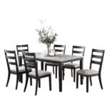 Modern Natural 7pc Dining Set Rectangular Wooden Top Table With 6 Cushion Seat Ladder Back Chairs For Dining Room