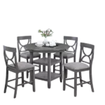 Modern Gray 5pc Dining Set Round Table With Storage Shelve And 4 Chairs Padded Seat For Dining Room