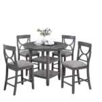 Modern Gray 5pc Dining Set Round Table With Storage Shelve And 4 Chairs Padded Seat For Dining Room