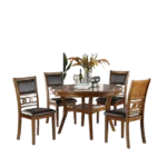 Modern Walnut Finish 5pc Dining Set Round Table With 4 Rubberwood Chairs For Dining Room