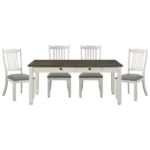 Modern Antique White 5pc Dining Set Rectangular Table with 6 Drawers and 4 Upholstered Chairs For Dining Room