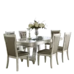 Modern Champagne Finish 7pc Dining Set Rectangular Table With Leaf Glass Insert Top 6 Side Chairs For Dining Room