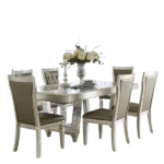 Modern Champagne Finish 7pc Dining Set Rectangular Table With Leaf Glass Insert Top 6 Side Chairs For Dining Room