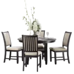 Modern Black Finish 5pc Dining Set Round Table With Built-in Shelf and  4 Fabric Upholstered Chairs For Dining Room