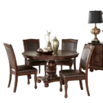 Modern Brown Cherry 5pc Dining Set Rectangular Pedestal Base Table and 4 Chairs of Faux Leather For Dining Room