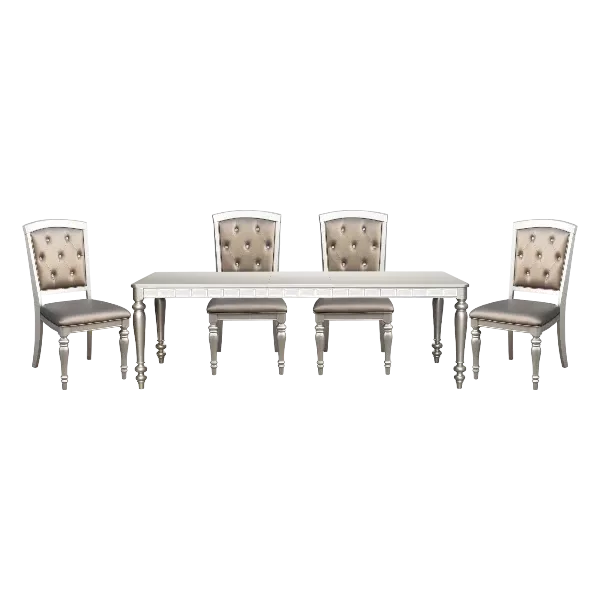 Modern Silver Finish 5pc Dining Set Rectangular Table 4 Crystal Button Tufted Chairs For Dining Room