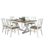 Modern White and Oak 7pc Dining Set Rectangular Table With Extension Leaf And 6 Upholstered Chairs For Dining Room