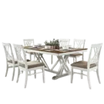 Modern White and Oak 7pc Dining Set Rectangular Table With Extension Leaf And 6 Upholstered Chairs For Dining Room
