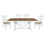 Modern White and Oak 5pc Dining Set Rectangular Table With Extension Leaf And 4 Upholstered Chairs For Dining Room