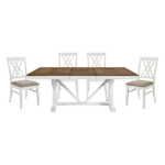 Modern White and Oak 5pc Dining Set Rectangular Table With Extension Leaf And 4 Upholstered Chairs For Dining Room