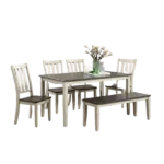 Modern White/Gray 6pc Dining Set Rectangular Table With 4 Chairs And Bench of Solid Wood For Breakfast Kitchen