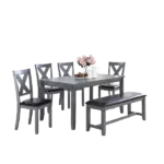 Modern Gray 6pc Dining Set Rectangular Table With 4 Side Chairs and A Bench of Rubberwood For Dining Room