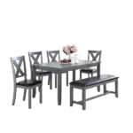 Modern Gray 6pc Dining Set Rectangular Table With 4 Side Chairs and A Bench of Rubberwood For Dining Room