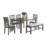 Modern Gray 6pc Dining Set Rectangular Table With 4 Upholstered Chairs and A Bench of Solid Wood For Dining Room