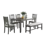 Modern Gray 6pc Dining Set Rectangular Table With 4 Upholstered Chairs and A Bench of Solid Wood For Dining Room
