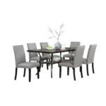 Modern Natural 7 Piece Dining Set Room Rectangular Wooden Table 6  Gray Fabric Chairs With Nailhead Trim And Storage Shelve For Dining Room