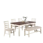 Modern White 6pc Dining Set Rectangular Table with Drawers 4 Side Chairs 1 Bench of Rubberwood For Dining Room
