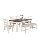 Modern White 6pc Dining Set Rectangular Table with Drawers 4 Side Chairs 1 Bench of Rubberwood For Dining Room