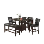 Dining Room Furniture 6pc Counter Height Dining Set Dining Table w Storage 4x High Chairs 1x Bench Black Faux Leather Tufted Seats Faux Marble Table Top