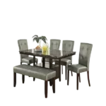 Modern Silver 6pc Dining Set Rectangular Table of Faux Marble Top With 4 High Back Chairs And 1 Bench of Faux Leather For Dining Room
