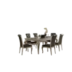 Modern Silver 7pc Dining Set Rectangular Table with Extension Leaf and 6 Side Chairs Crystal Button-Tufted For Dining Room