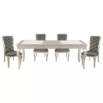 Modern Silver 5pc Dining Set Rectangular Table with Extension Leaf and 4 Side Chairs Crystal Button-Tufted For Dining Room