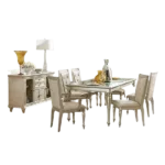 Modern Silver 7pc Dining Set Rectangular Table With 2 Armchairs and 4 Side Chairs Crystal Button-Tufted Cushion Seat For Dining Room