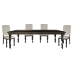 Modern Brown 5 Piece Dining Set Rectangular Wooden Table With 4 Beige Upholstered Chairs of  Nail head Trim For Dining Room