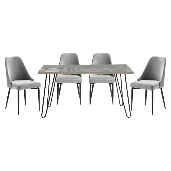 Modern 5pc Dining Set Rectangular Dining Table With 4 Gray Velvet  Chairs of Metal Frame For Dining Room