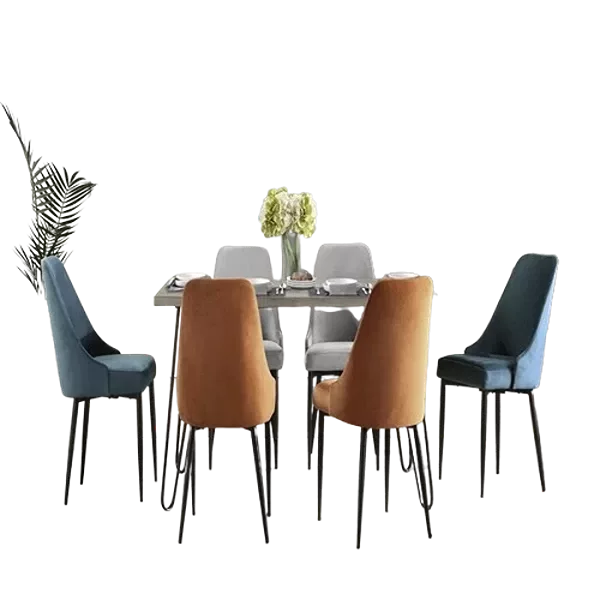 Modern Sleek Design 7pc Dining Set Table and 6x Side Chairs Blue Orange Gray Velvet Upholstered Metal Frame Stylish Dining Furniture