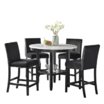 Modern 5pc Dining Set Round Dining Table of Faux Marble With 4 Black Fabric Chairs For Dining Room