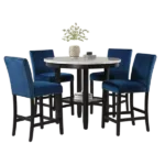 Modern 5pc Dining Set Round Dining Table of Faux Marble With 4 Blue Fabric Chairs For Dining Room
