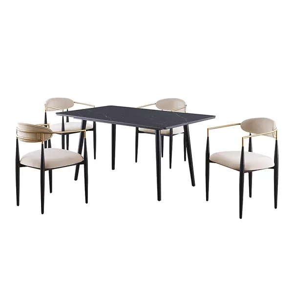 Modern Black 5pc Rectangular Dining Set of Sintered Stone Table and 4 Taupe Fabric Chairs for Dining Room