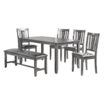 Modern Gray Rectangular 6pc Set Dining Table With 4x Side Chairs and A Bench of Solid wood For Dining Room
