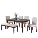 Modern Beige 6pcs Rectangular Dining Set of Faux Marble Top With 4 Polyfiber Nailheads Chairs And Bench For Dining Room